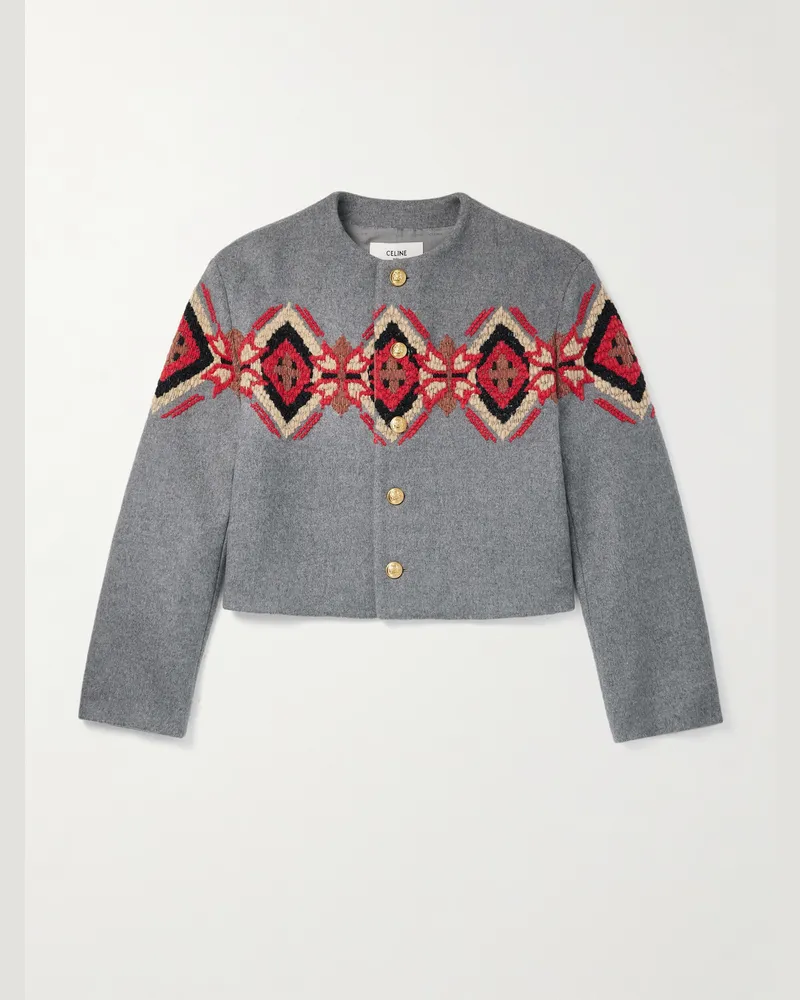 Celine Verkürzte Jacke aus Kaschmir-Twill mit Zierperlen und Stickereien Grau
