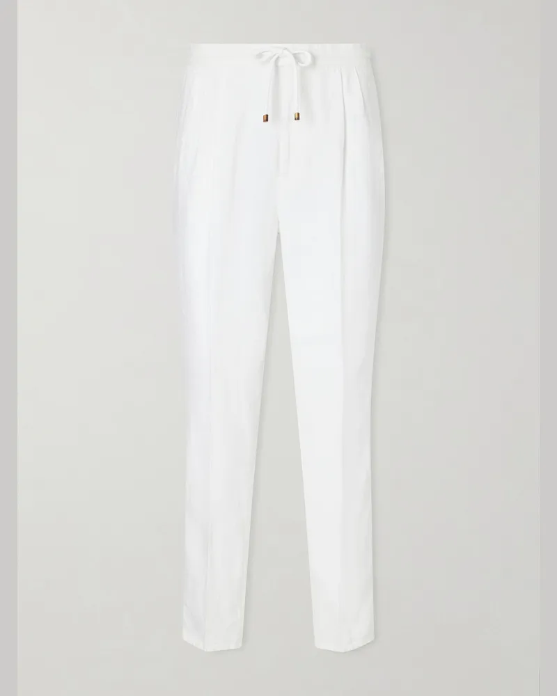 Brunello Cucinelli Schmal zulaufende Hose aus Leinen-Twill mit Kordelzugbund und Falten Weiß