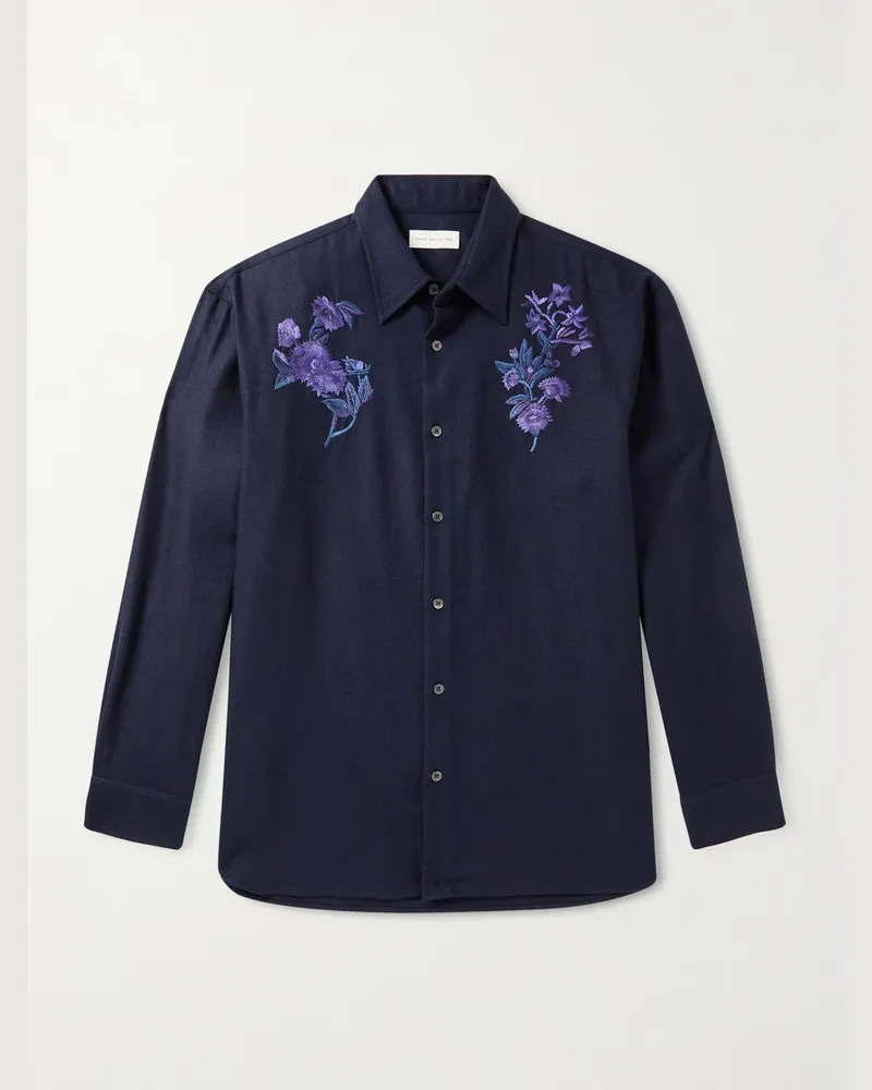 Dries van Noten Hemd aus Wollflanell mit Stickereien Blau