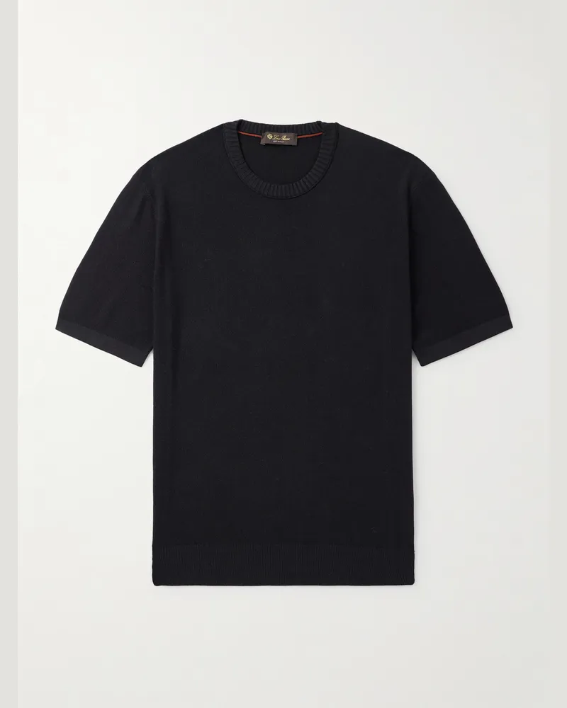 Loro Piana Schmal geschnittenes T-Shirt aus Piqué aus einer Baumwoll-Seidenmischung Blau