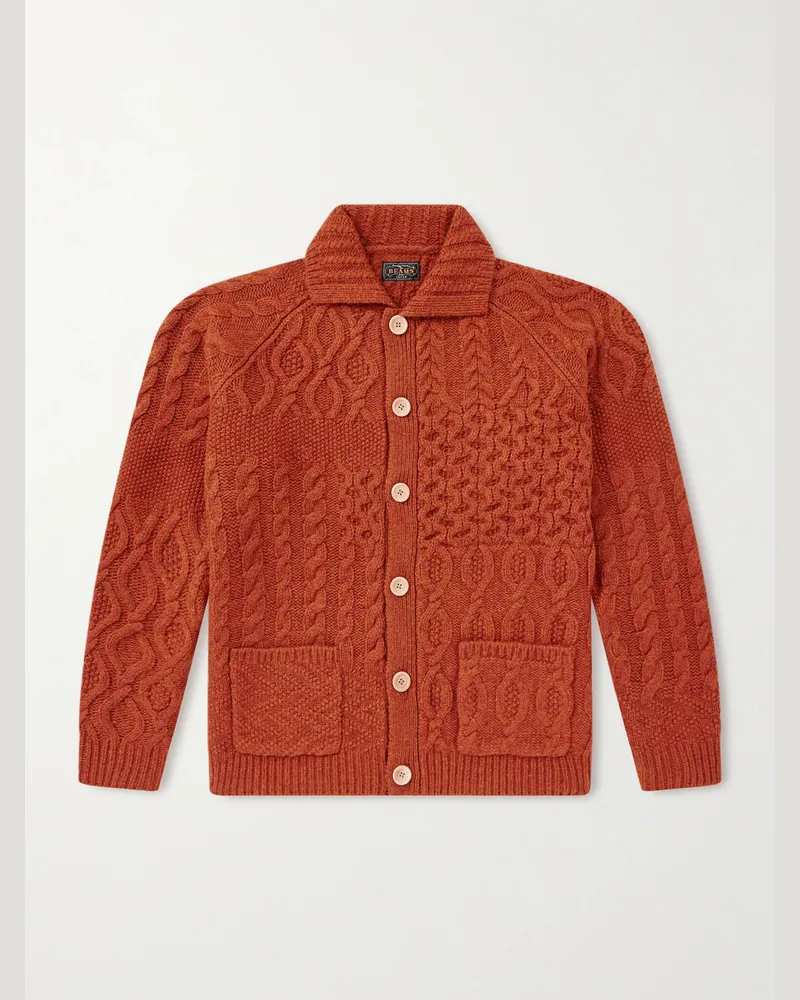 Beams Plus Alan Cardigan aus Wolle in Zopfstrick und Patchwork-Optik Orange