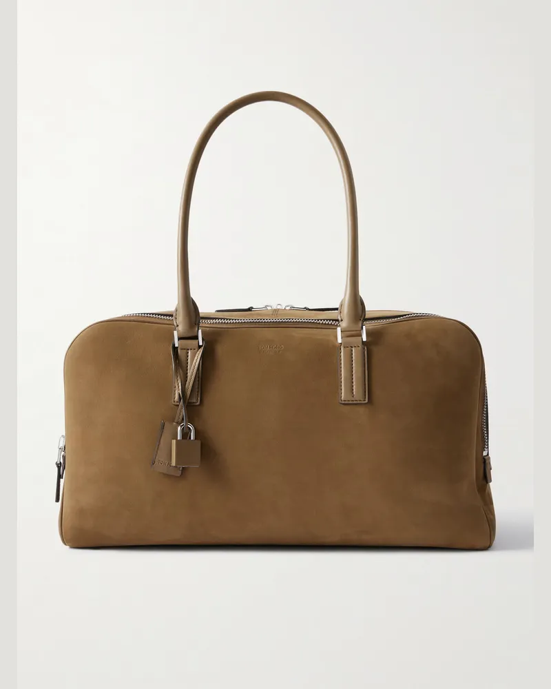 Tom Ford Weekender aus Nubukleder mit Lederbesatz Braun