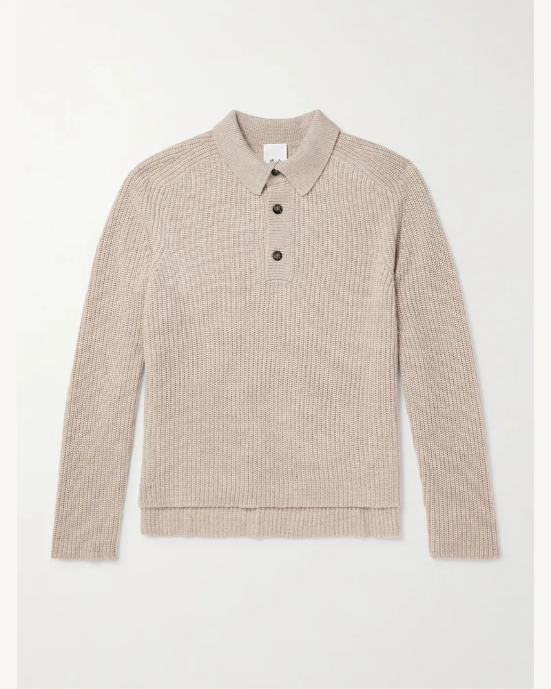 ALLUDE Ribbed Virgin Wool and Cashmere-Blend Polo Sweater Neutrals