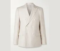 Double-Breasted Houndstooth Linen Suit Jacket