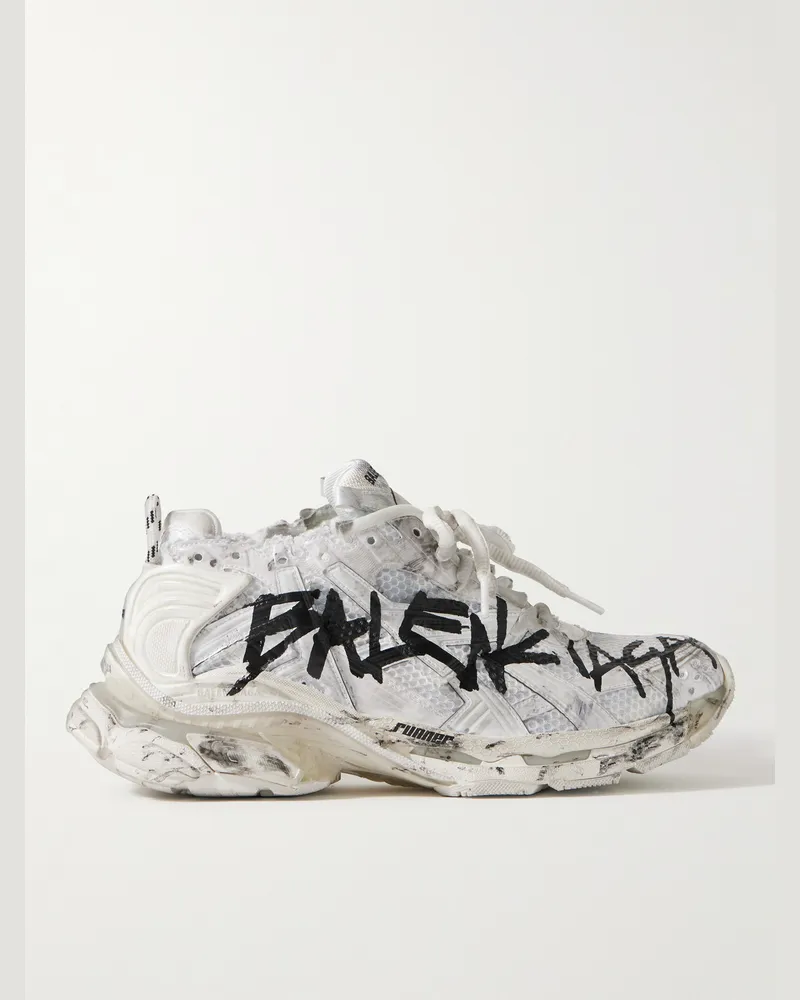Balenciaga Runner Logo-Print Distressed Nylon, Mesh and Rubber Sneakers White