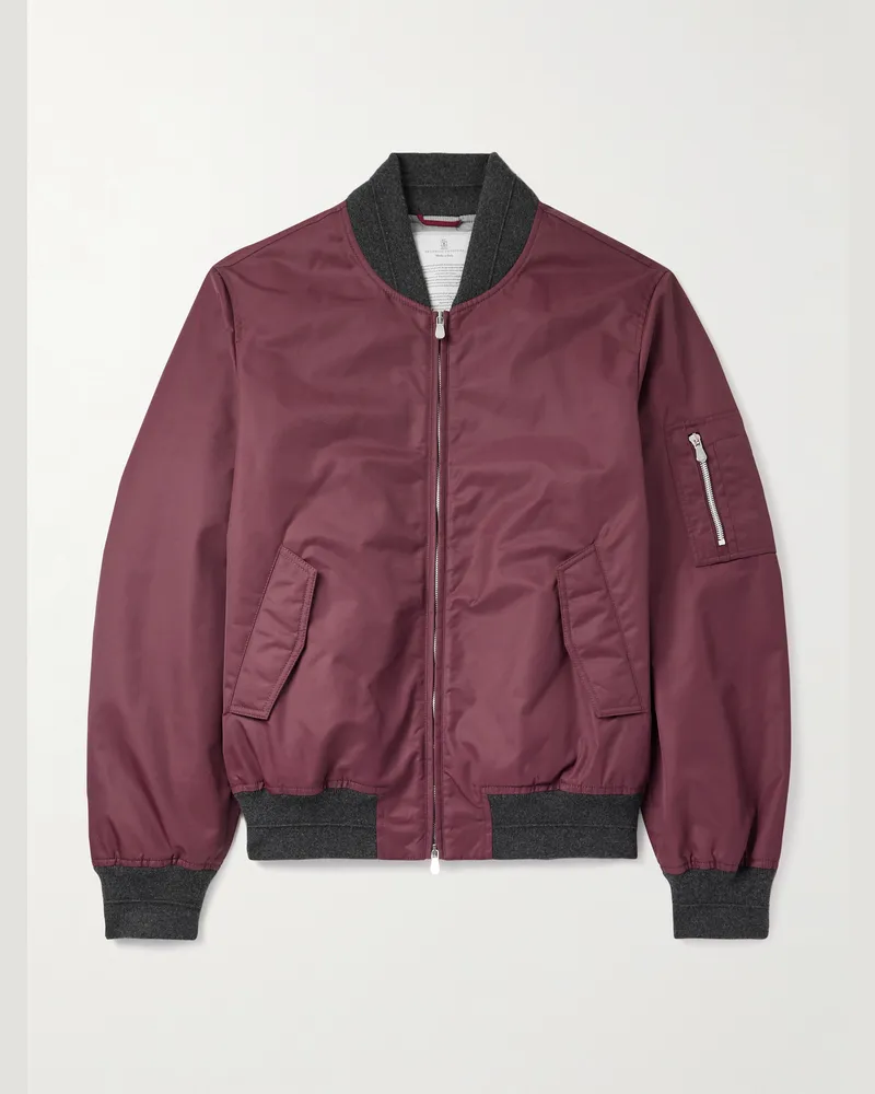 Brunello Cucinelli Padded Cashmere-Trimmed Shell Bomber Jacket Burgundy