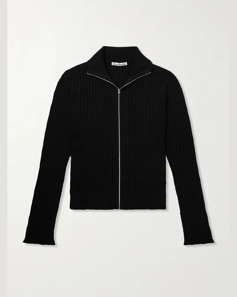 Acne Studios Cardigan aus Baumwolle in Rippstrick mit Logoapplikation Schwarz