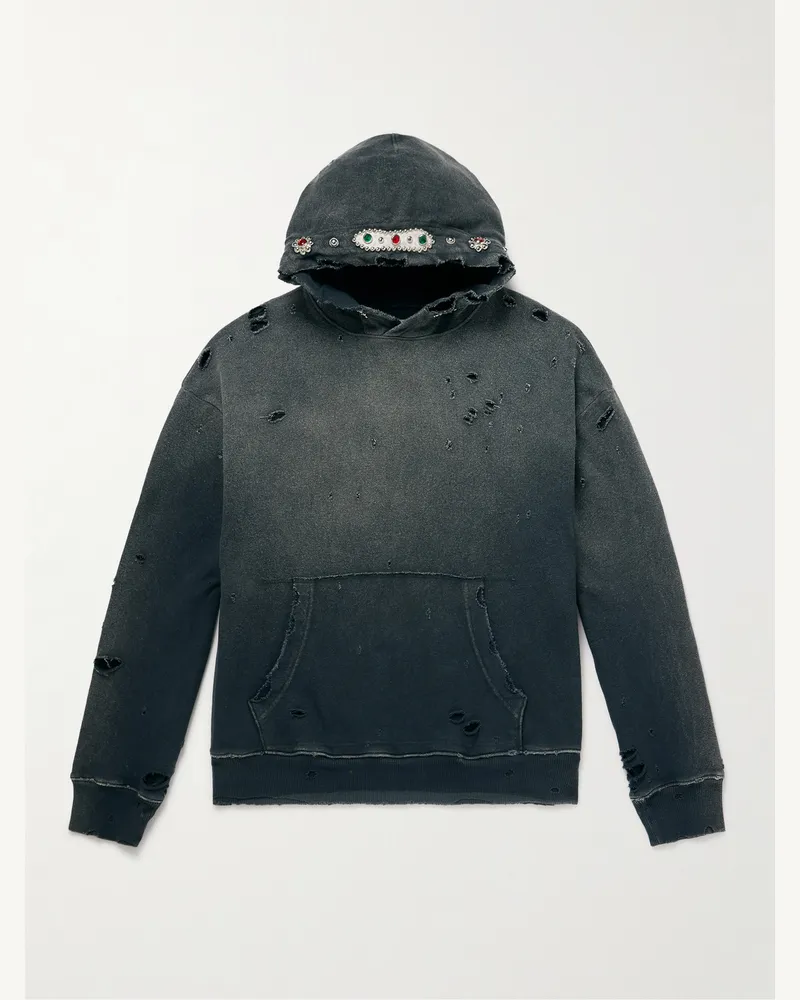 KAPITAL Embellished Suede-Trimmed Distressed Cotton-Jersey Hoodie Gray