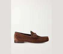Horsebit-Embellished Woven Suede Loafers