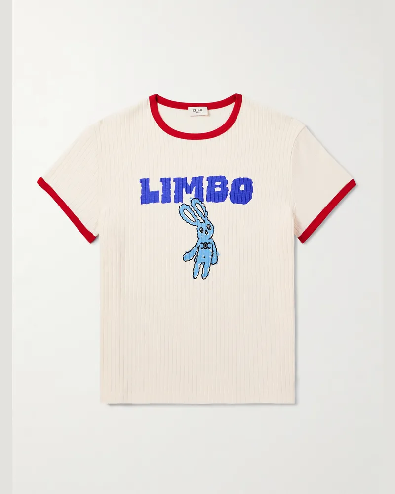 Celine Schmal geschnittenes geripptes T-Shirt aus Baumwoll-Jersey mit Print Neutral