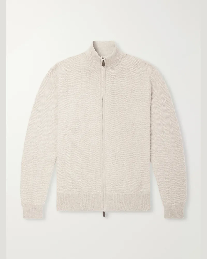 N.Peal Knightsbridge Herringbone Cashmere Zip-Up Cardigan Neutrals