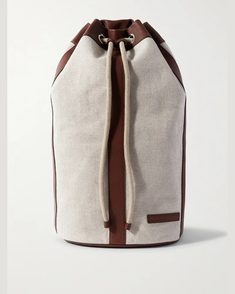 Brunello Cucinelli Leather-Trimmed Cotton and Linen-Blend Canvas Backpack Neutrals