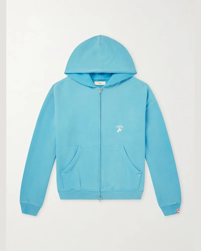 Cherry Los Angeles Logo-Embroidered Paint-Splattered Cotton-Jersey Zip-Up Hoodie Blue