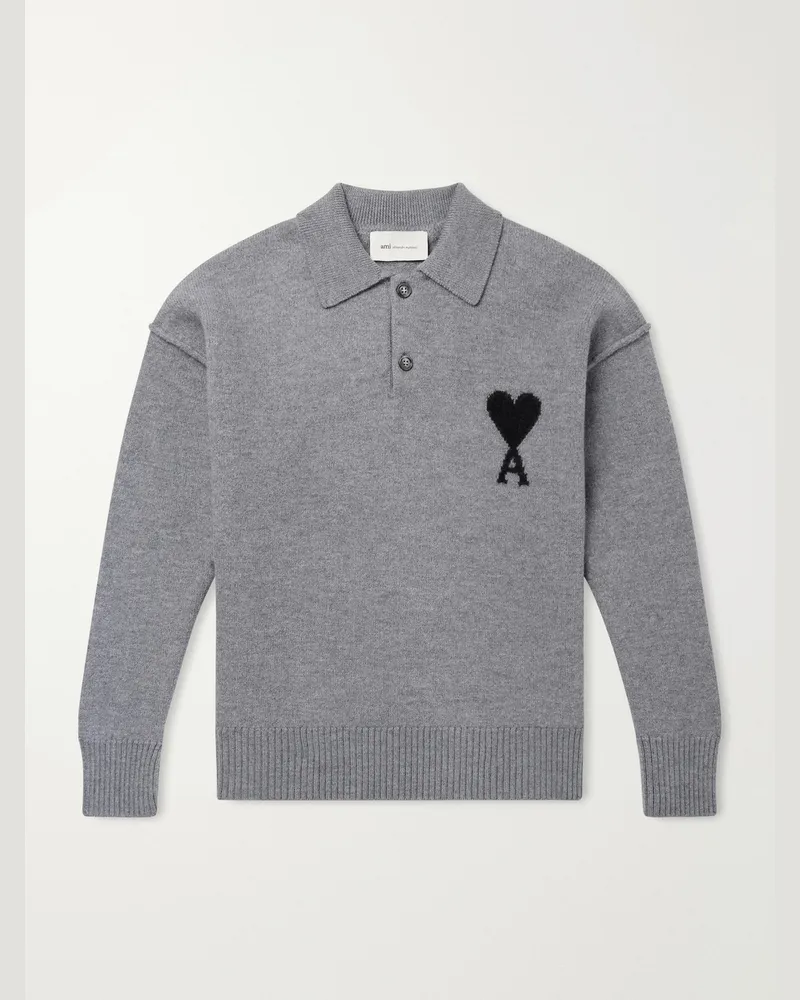 AMI Paris Logo-Instarsia Wool Polo Sweater Gray