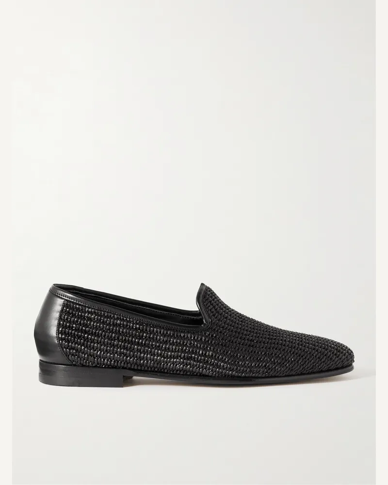 Manolo Blahnik Mario Leather-Trimmed Raffia Loafers Black