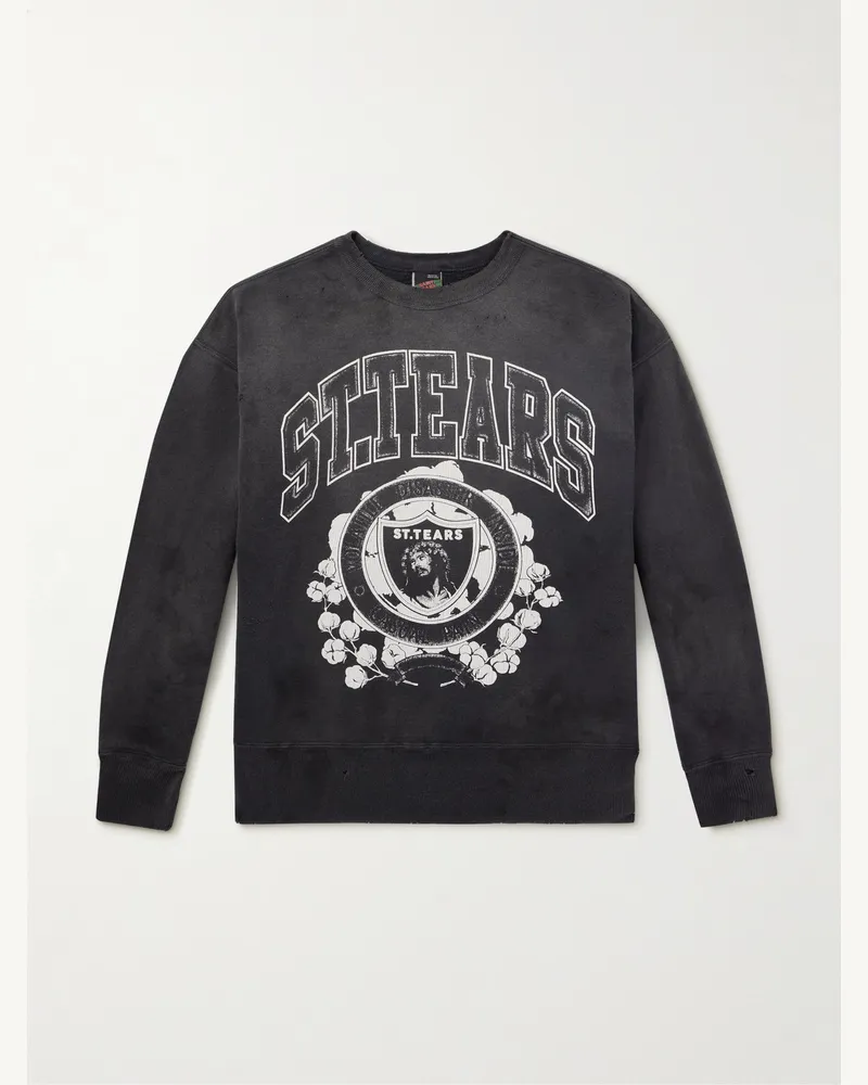 SAINT MXXXXXX Denim Tears Saint Tears Distressed Printed Cotton-Jersey Sweatshirt Gray