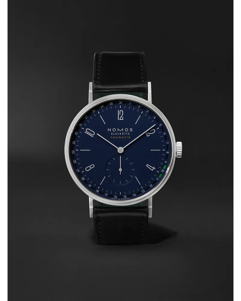 NOMOS Glashütte Tangente Neomatik 41 – 41 mm Uhr aus Edelstahl mit automatischem Aufzug und Armband aus Cordovan®-Leder, Ref.-Nr.: 182 Blau