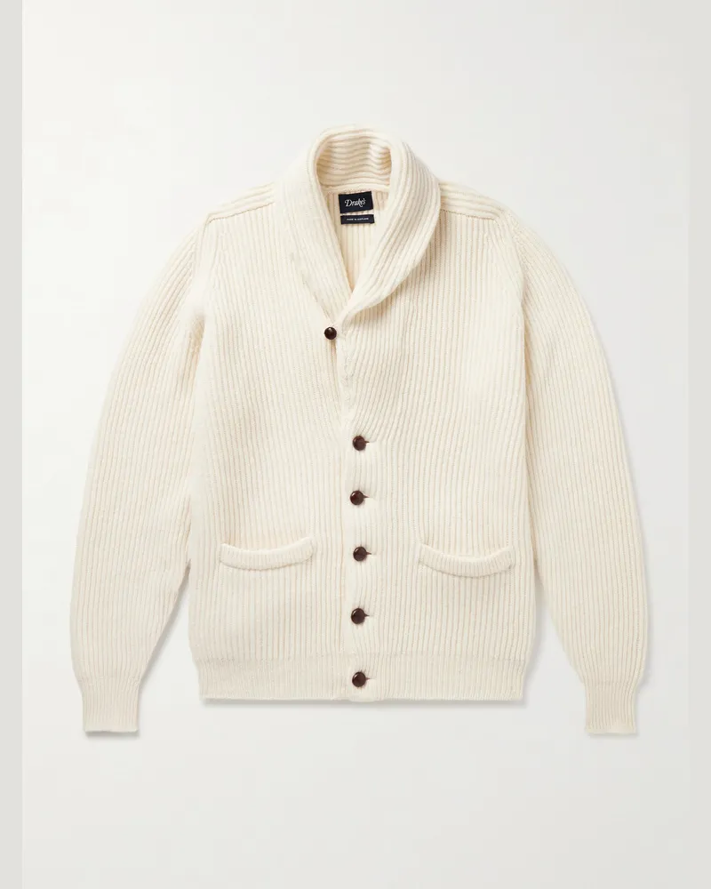 Drake's Cardigan aus Wolle in Rippstrick mit Schalkragen Weiß