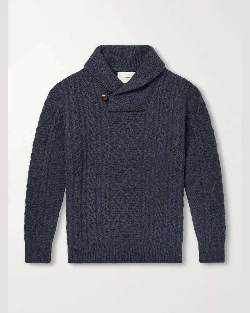 PURDEY Shawl-Collar Aran Cable-Knit Wool Sweater Blue