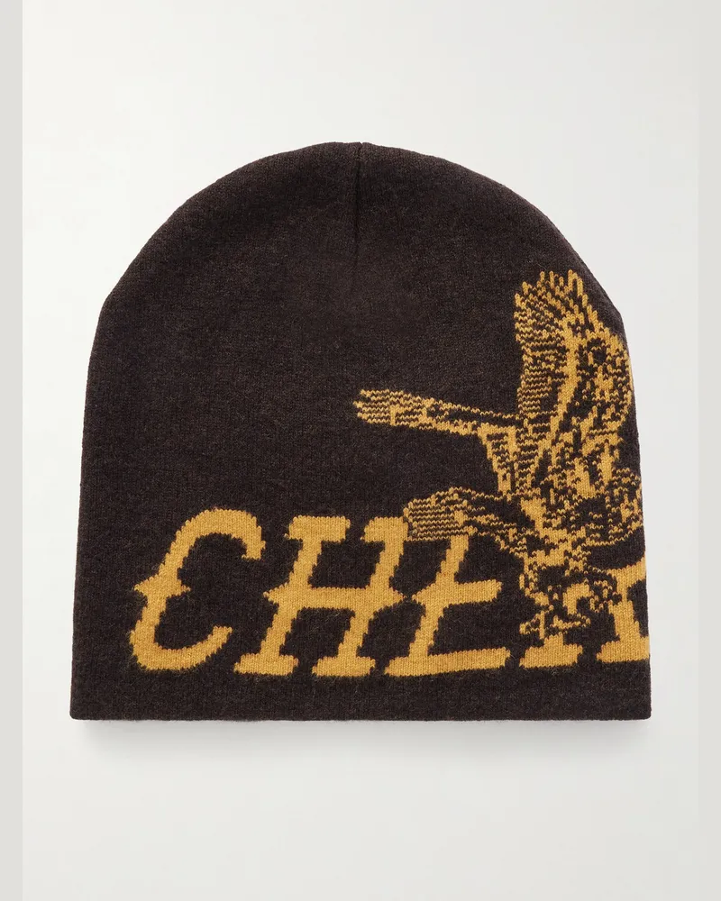 Cherry Los Angeles Flying Cherry Skull Logo-Intarsia Wool and Cashmere-Blend Beanie Brown