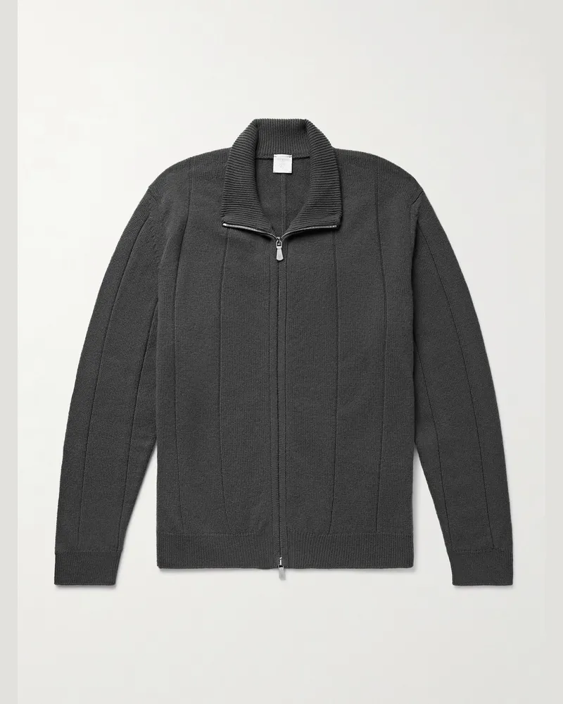 Eleventy Ribbed Wool Zip-Up Cardigan Gray