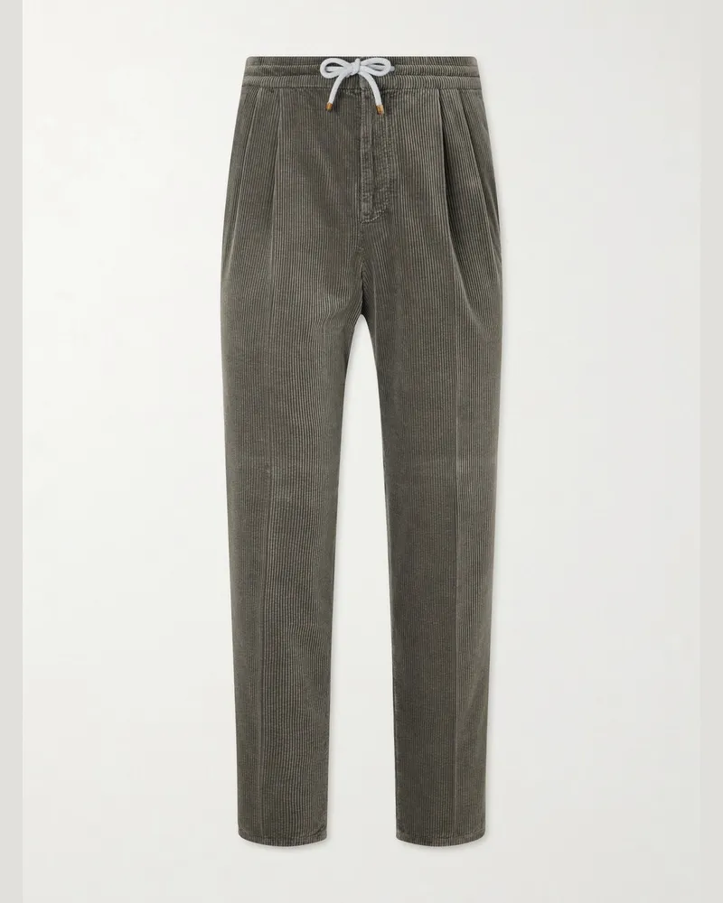 Brunello Cucinelli Straight-Leg Cotton-Corduroy Drawstring Trousers Gray