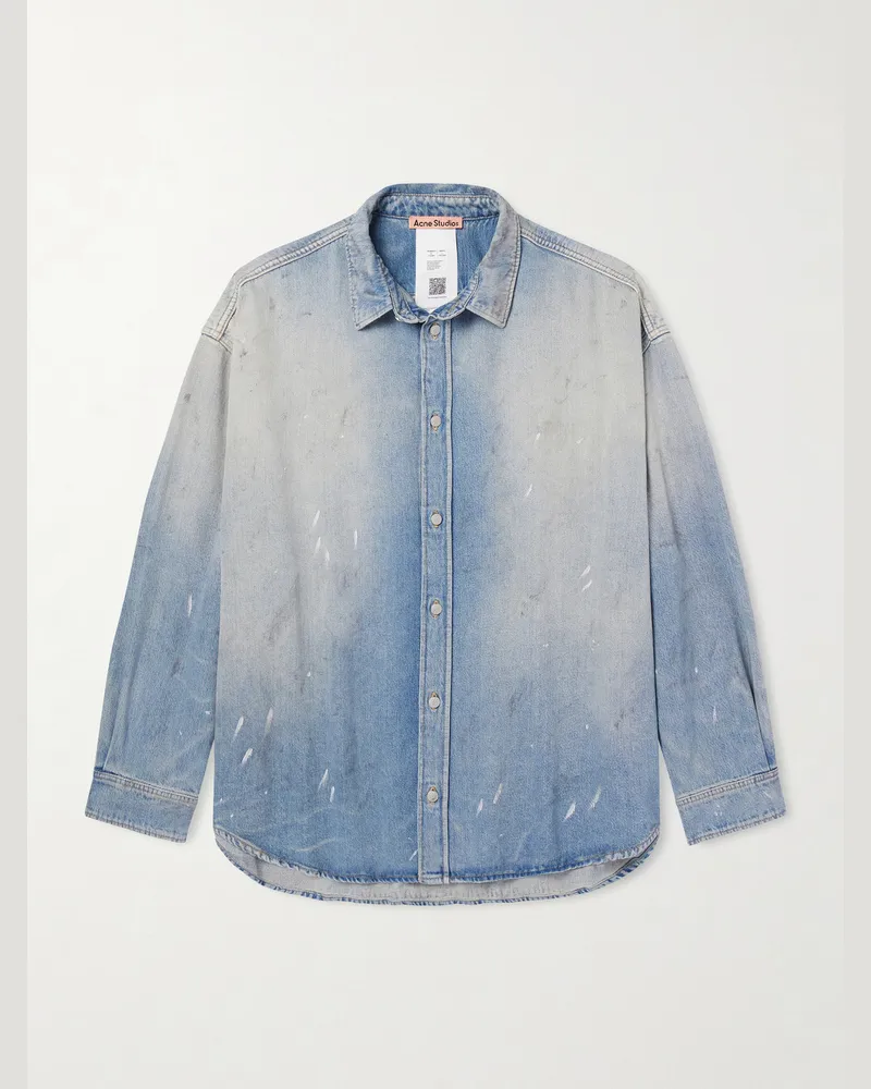 Acne Studios Paint-Splattered Distressed Denim Shirt Blue