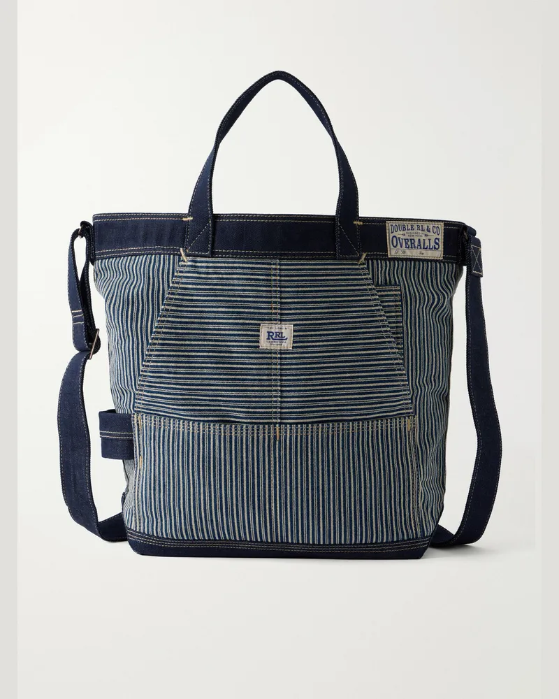 RRL Striped Denim-Trimmed Cotton-Twill Tote Bag Blue