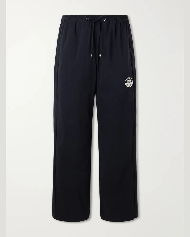 Frame Denim Straight-Leg Drawstring Logo-Embroidered Cotton-Blend Trousers Blue