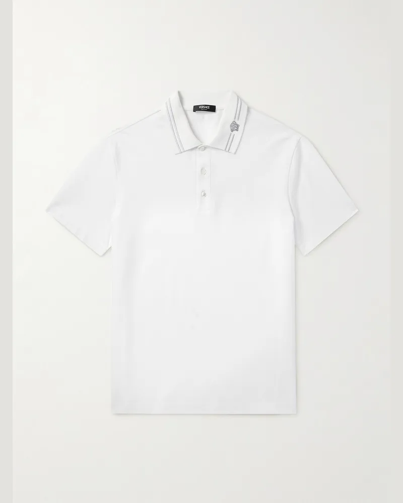 Versace Medusa Embroidered Cotton-Piqué Polo Shirt White