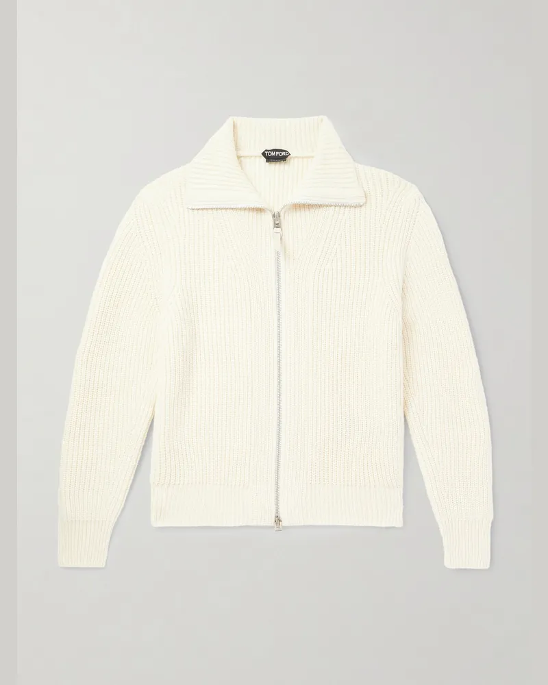 Tom Ford Slim-Fit Ribbed Wool and Mohair-Blend Zip-Up Cardigan Neutrals