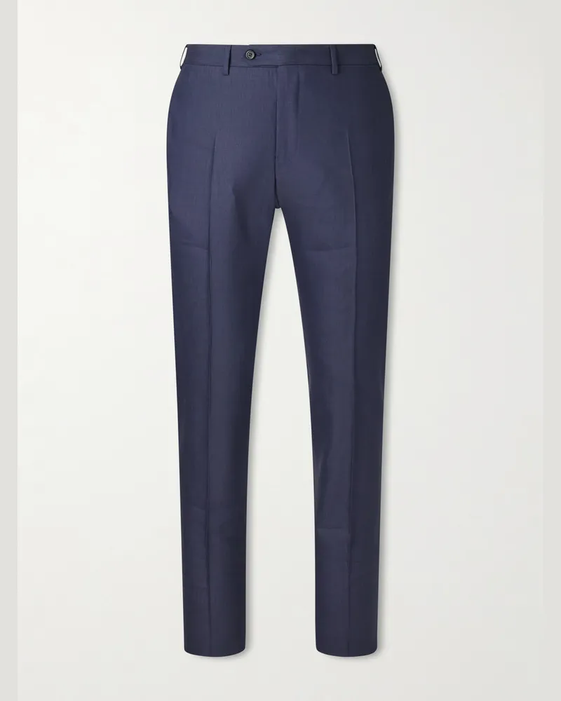 Canali Tapered Linen and Wool-Blend Twill Suit Trousers Blue