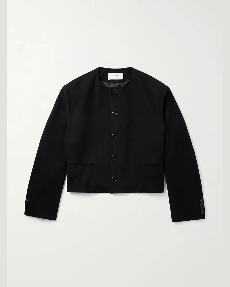 Celine Verkürzte Jacke aus Wollfilz mit Logostickerei Schwarz