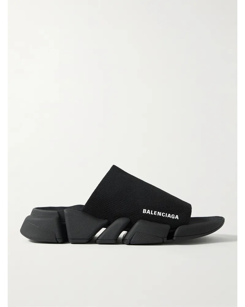 Balenciaga Speed 2.0 Pantoletten aus Stretch-Strick mit Logoprint Schwarz