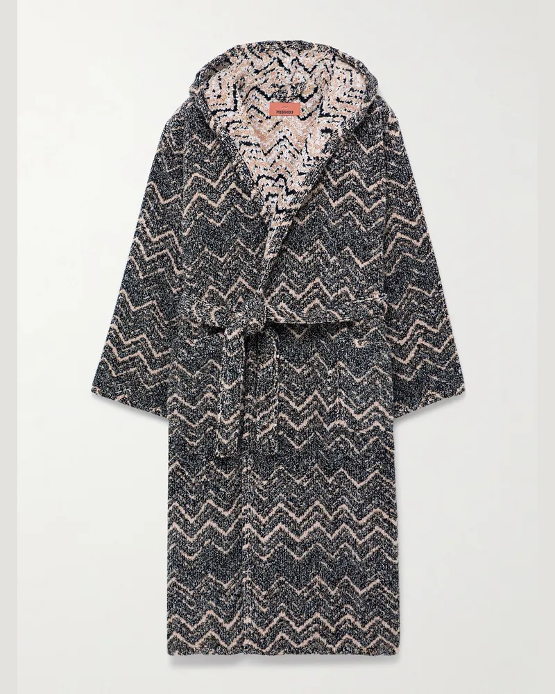 Missoni Home Morgenmantel aus Baumwollfrottee mit Jacquard-Streifenmuster und Kapuze Braun