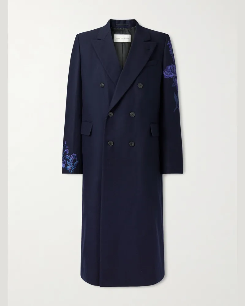 Dries van Noten Double-Breasted Embroidered Wool-Flannel Coat Blue