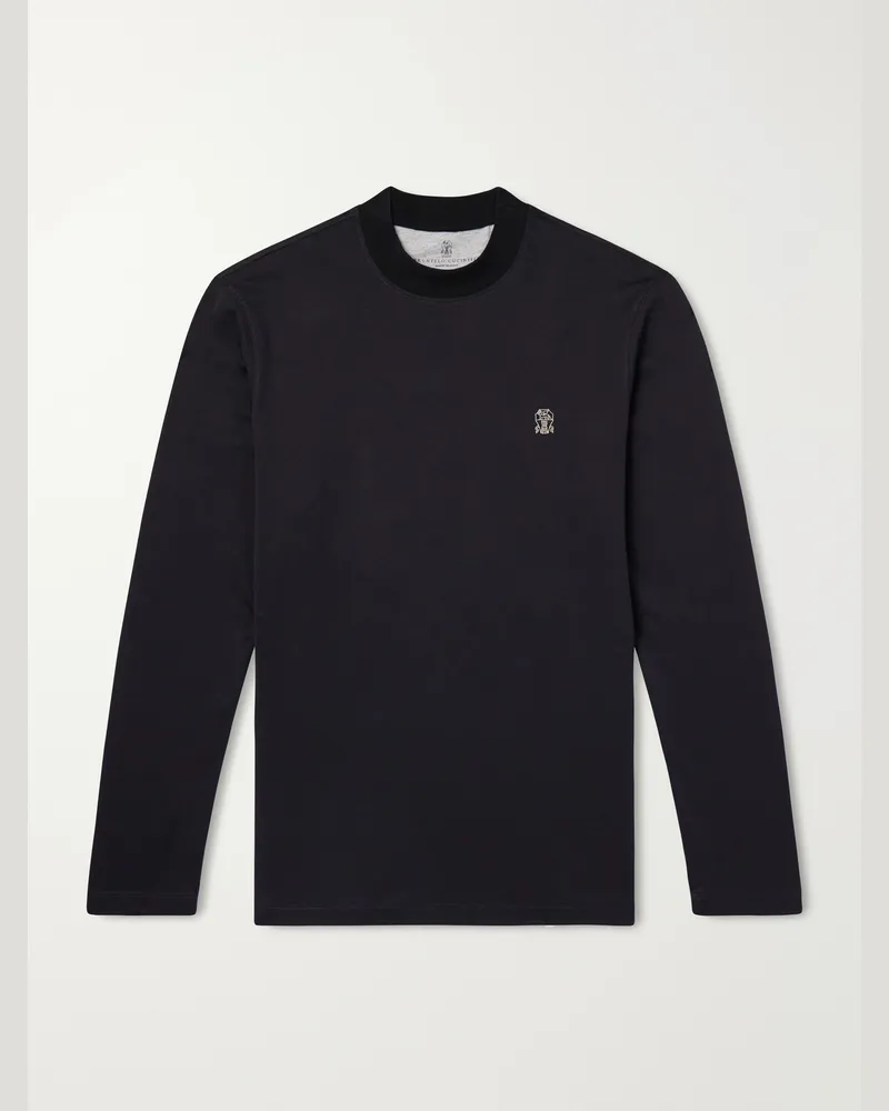 Brunello Cucinelli Logo-Embroidered Cotton-Jersey T-Shirt Blue