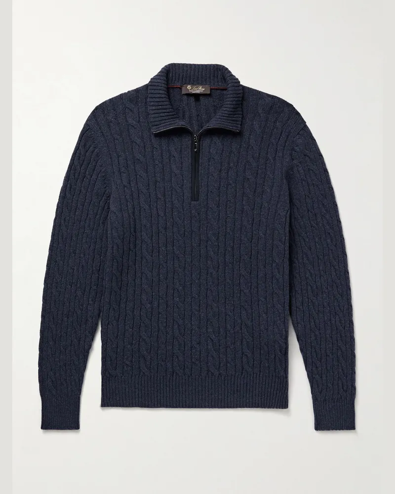 Loro Piana Schmal geschnittener Zopfstrickpullover aus Baby-Kaschmir mit kurzem Reißverschluss und Velourslederbesatz Blau