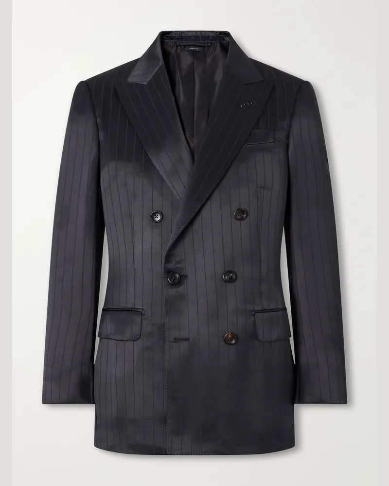 Tom Ford Double-Breasted Pinstriped Satin Suit Jacket Gray
