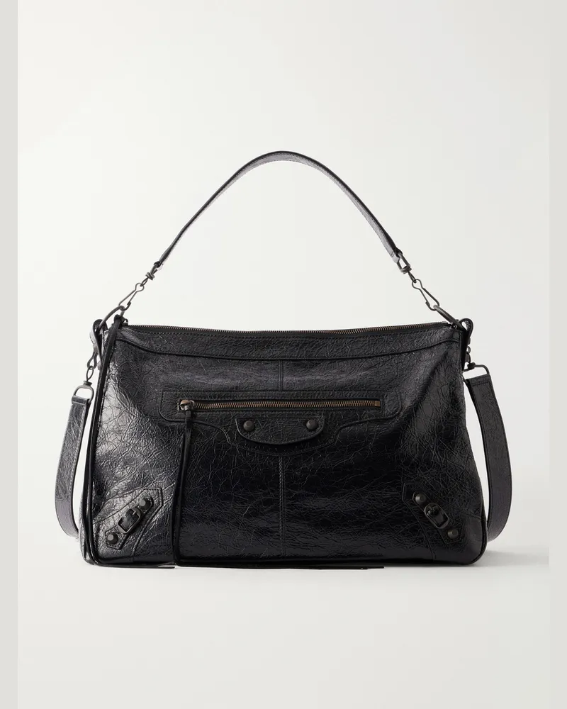 Balenciaga Le City Moto Medium Embellished Crinkled-Leather Messenger Bag Black