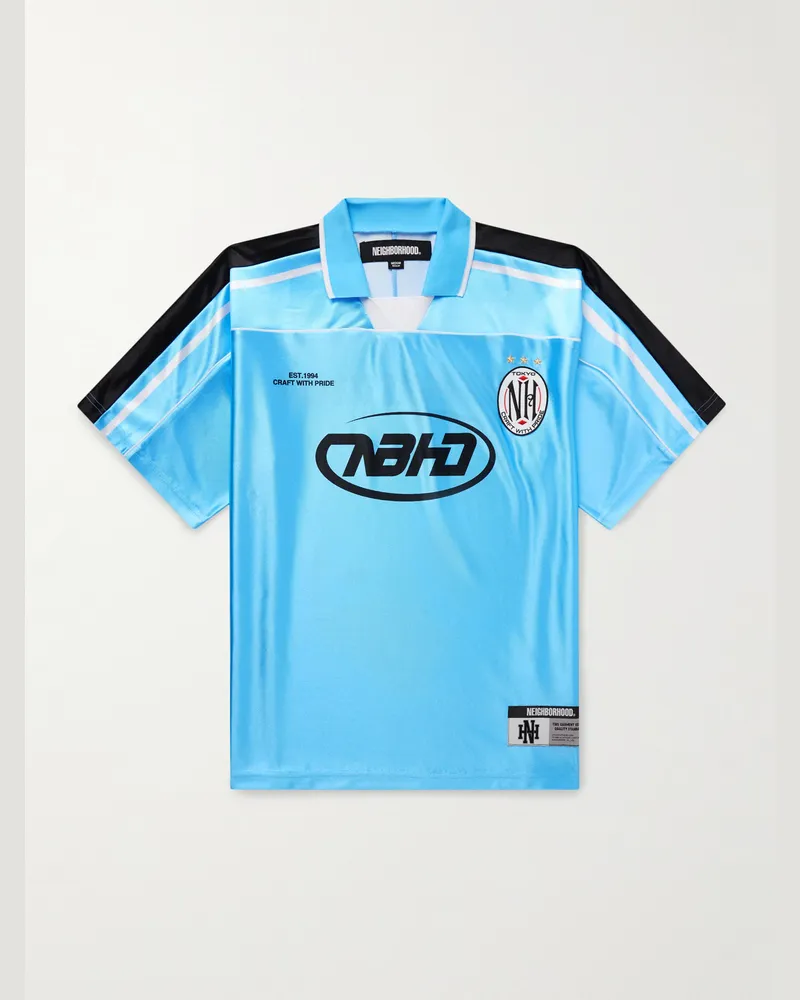 Neighborhood Game Appliquéd Logo-Print Striped Satin Polo Shirt Blue