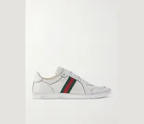 Distressed Webbing-Trimmed Leather Sneakers