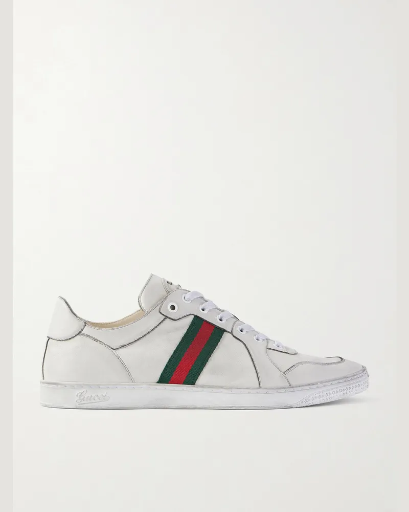 Gucci Distressed Webbing-Trimmed Leather Sneakers White
