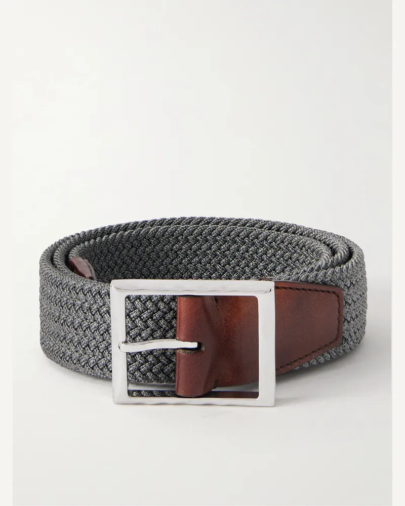Berluti 3.5cm Leather-Trimmed Woven Elastic Belt Gray