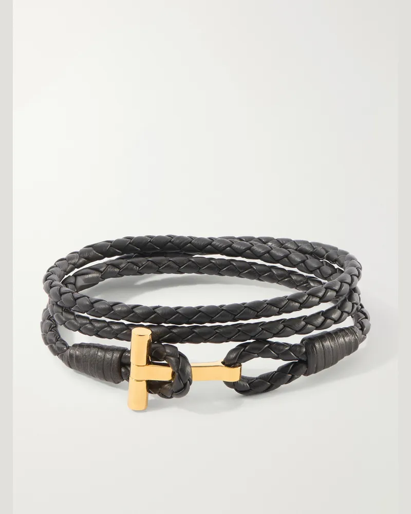 Tom Ford Braided Leather and Gold-Plated Wrap Bracelet Brown