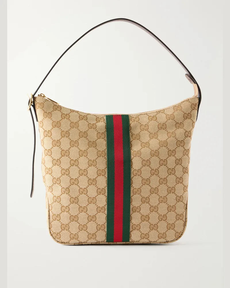 Gucci Lunetta Webbing and Leather-Trimmed Monogrammed Canvas Shoulder Bag Neutrals
