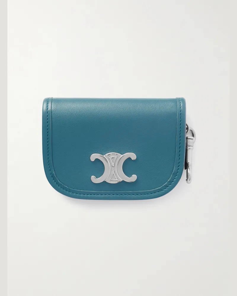 Celine Nano Logo-Embellished Leather and Silver-Tone Keyring Wallet Blue