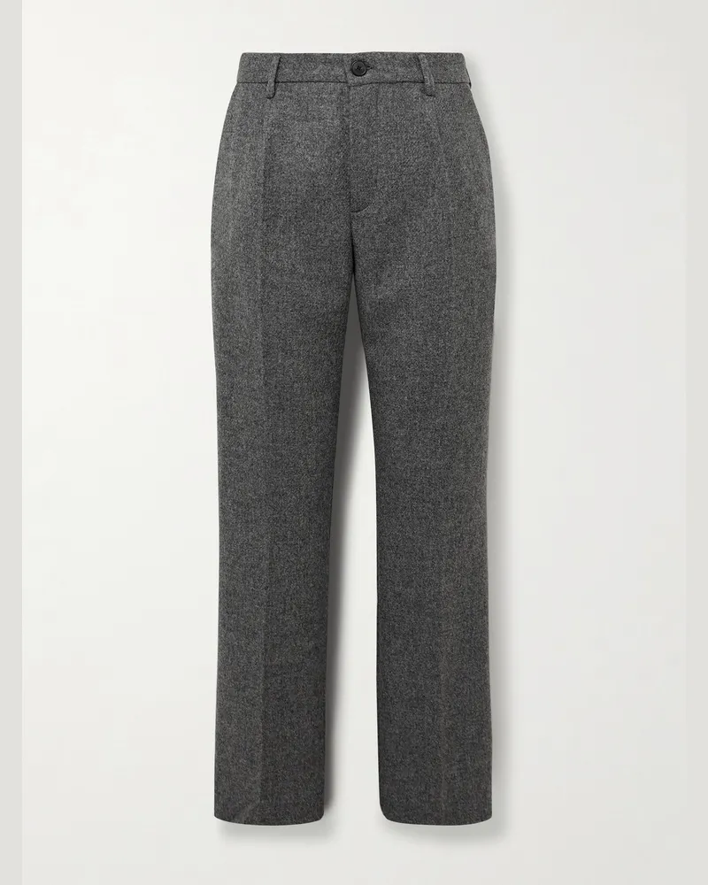 Portuguese Flannel Straight-Leg Pleated Wool Suit Trousers Gray