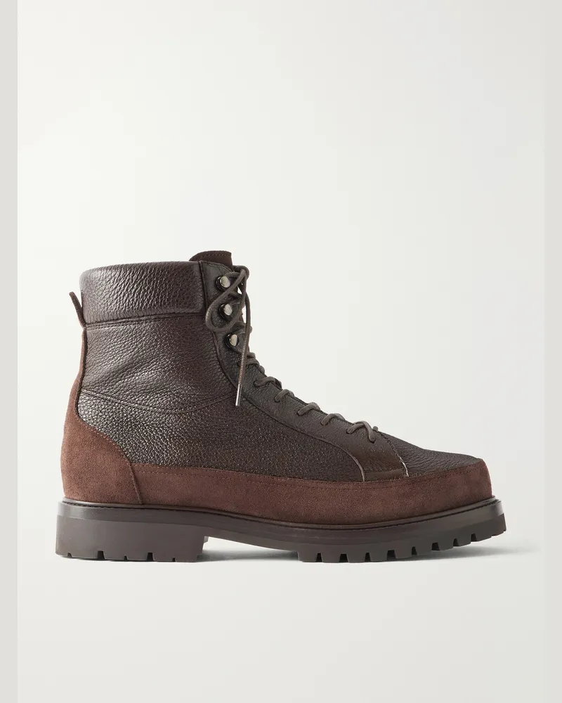 Brunello Cucinelli Shearling-Lined Suede-Trimmed Textured-Leather Lace-Up Boots Brown