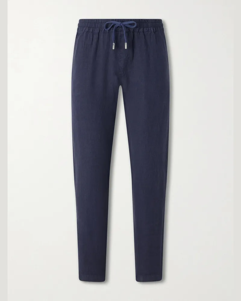Thom Sweeney Straight-Leg Linen Drawstring Trousers Blue